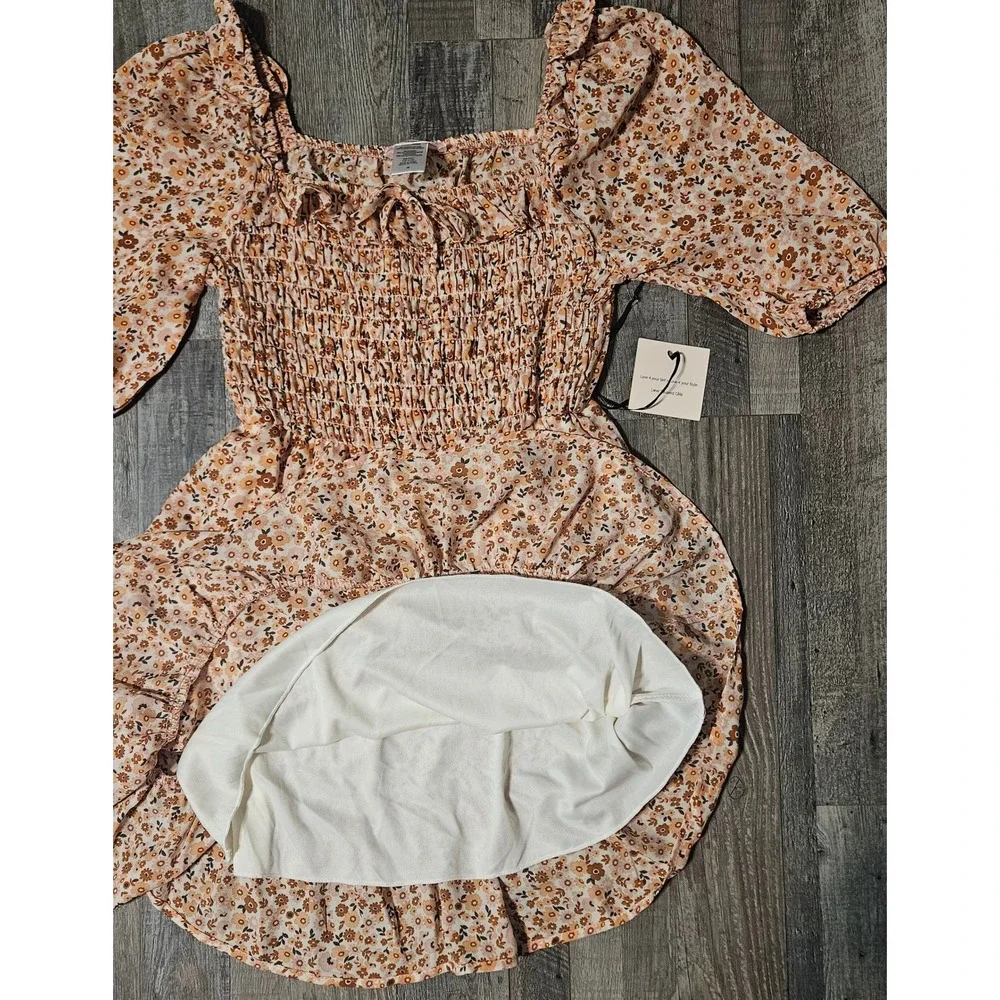 🤎🌼Love Squared Girls Floral Smocked Puff Sleeve Dress Rust Size‎ 10🌸🩵
